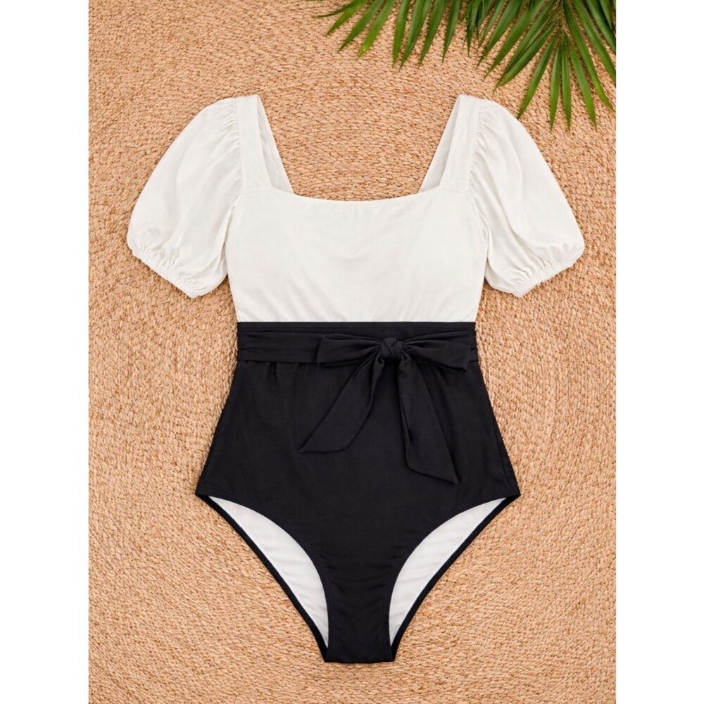 CIDER One Piece Swimsuit Size 2XL Black White Puff Sleeve Tie Waist Square Neck
